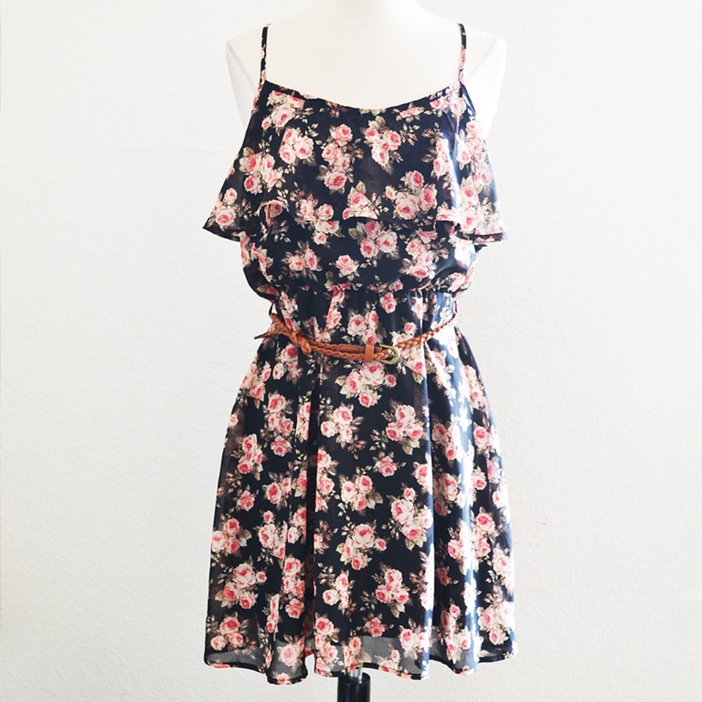 Black Floral Ruffle Dress with Belt Size Large